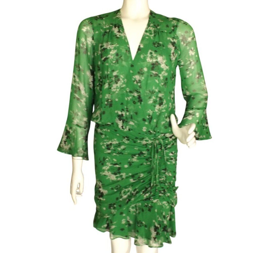 VERONICA BEARD Silk Dress, 4, Green/Floral, Semi-sheer, Mini/Short, 3/4 sleeves